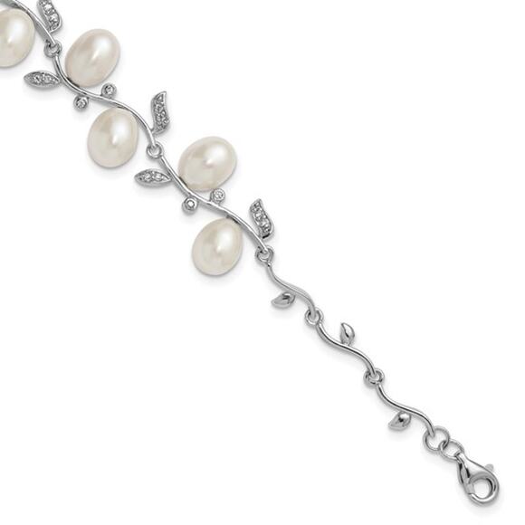 Sterling Silver Rhodium-Plated Pearl & CZ Leaf Bracelet (7” + 1” Extender) - Picture 2 of 5
